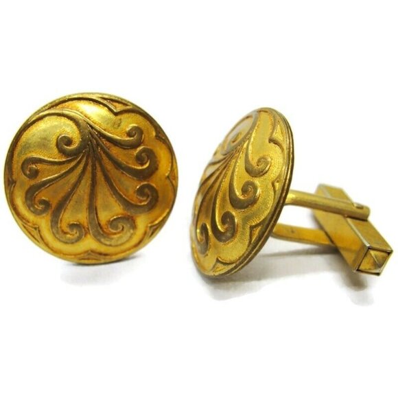Round Cufflinks Gold Tone Unique Design Tux Shirt Dress Suit Vintage - Picture 2 of 7